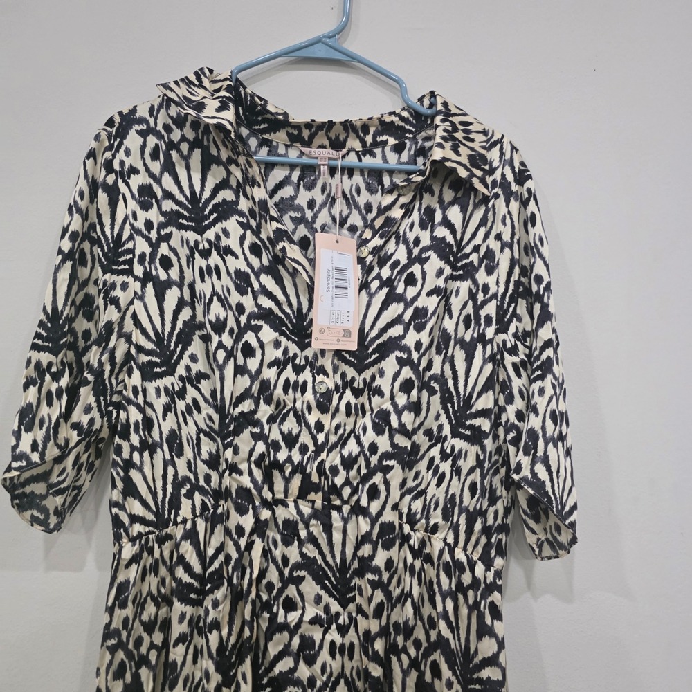 Esqualo Serendipity Black Cream Ikat Print Midi Button Down Dress Womens 12 NEW - Picture 4 of 9